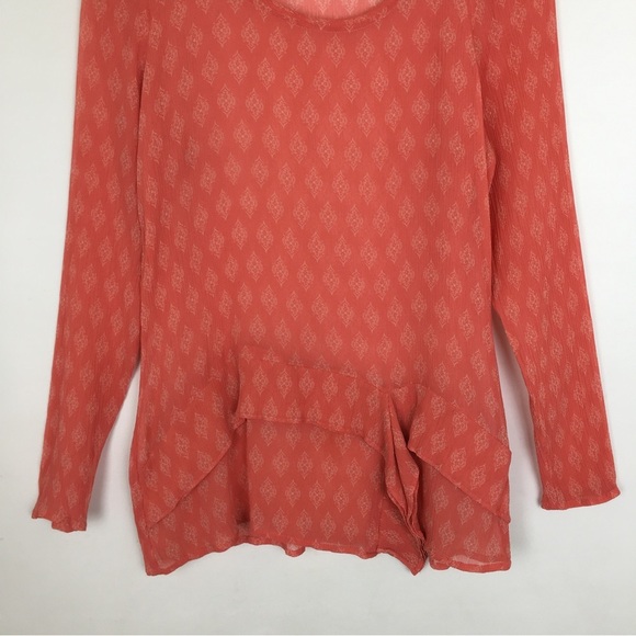 Sundance 100% Silk Ruffle Blouse Long Sleeves Scoop Neck Semi Sheer Orange Fairy - Picture 2 of 8